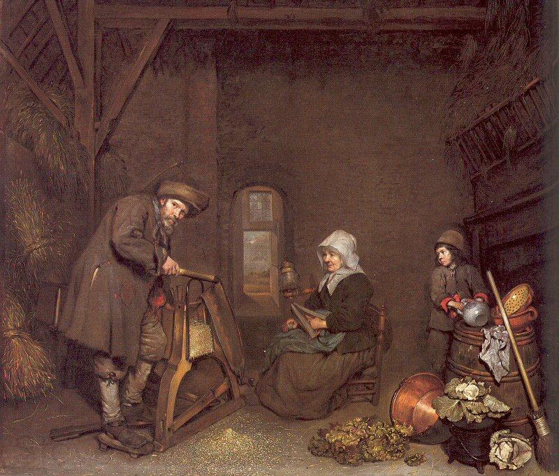 NETSCHER, Caspar Chaff Cutter with a Woman Spinning and a Young Boy France oil painting art